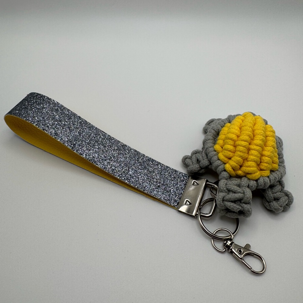 Gray and Yellow Glitter Wristlet with Macrame Turtle Keychain